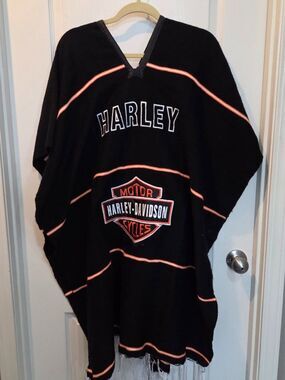 Harley Mexican Blanket Poncho Coverup Black Orange Fringe